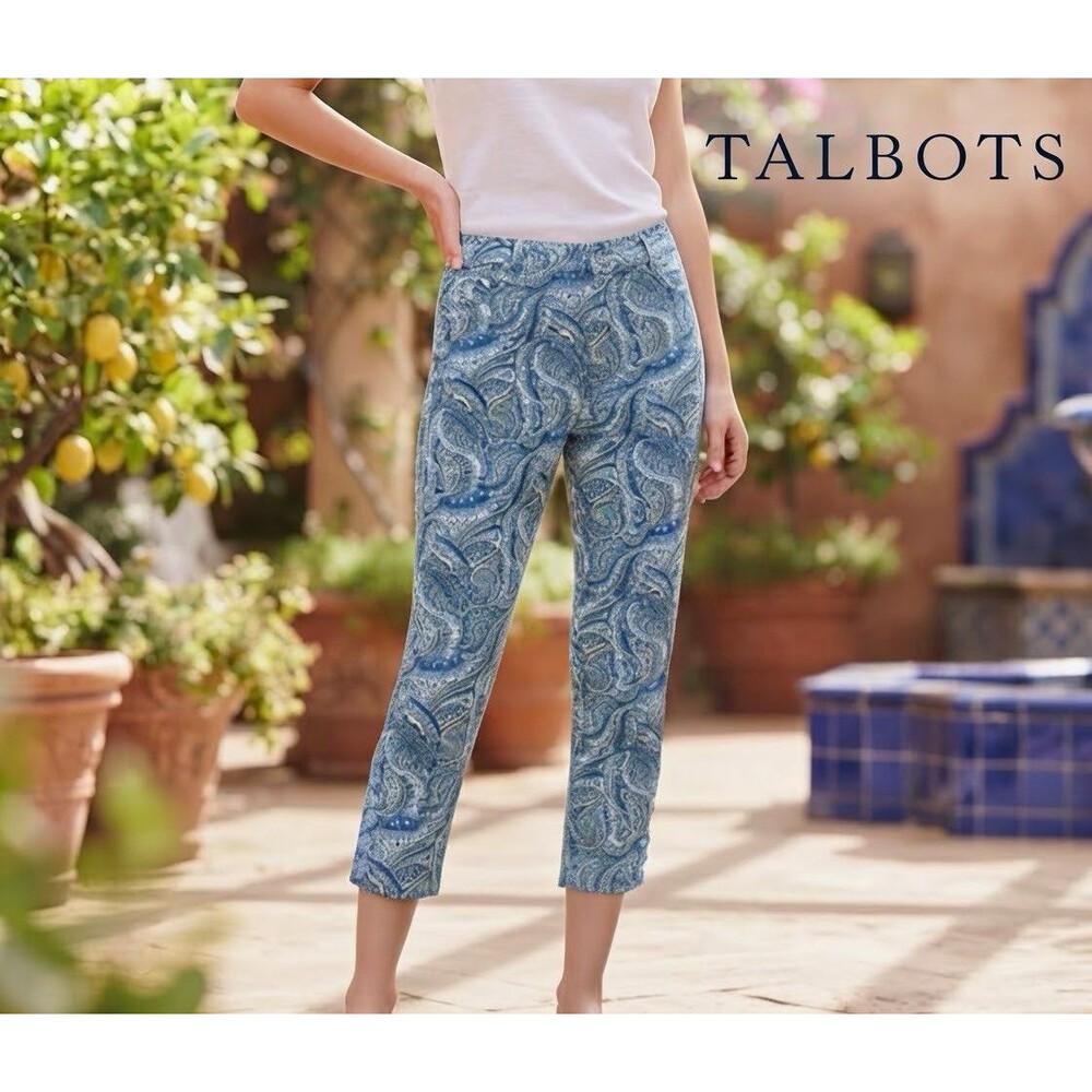 Talbots Womens Paisley Capri Crop Pants Blue Size 4 Slim Skinny Mid Rise Pockets